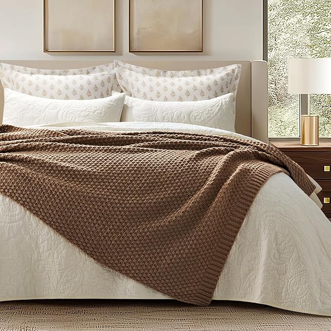 EVERGRACEHOME Chunky Chenille Knit Throw Blanket for Couch, Soft Luxurious Moss Stitch Blankets for Bed, Cozy Decorative Farmhouse Knitted Throws for Sofa, Camel Brown, 50" x 60"