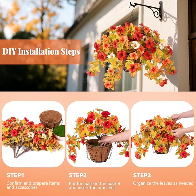 Artificial Fake Fall Flowers with Hanging Basket Plants for Outdoor Autumn Decoration,Silk Faux Flower UV Resistant Petunias for Home Porch Patio Garden Balcony Yard Decor Real Looking(Orange White)