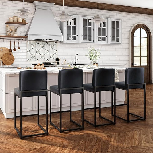 ALPHA HOME 24 Inch Bar Stools Set of 4 Kitchen Counter Stools with Back Pu Leather Counter Chair Counter Height Bar Stools with Upholstered Footrest Sturdy Chromed Metal Steel Frame, Midnight Blue