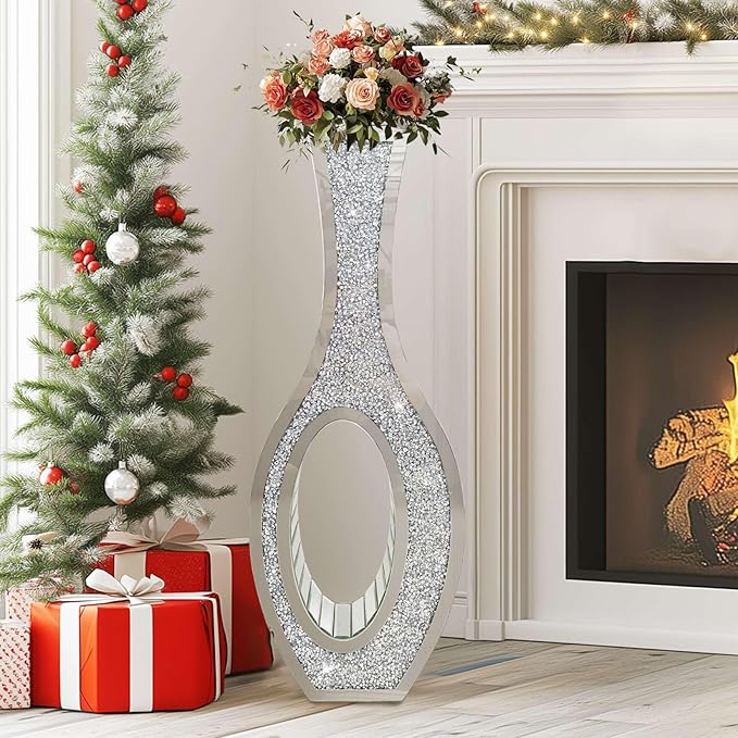 Elegant Glam Mirror Vase: Silver Glass Mirrored Vase Floor-Standing, 30.1 inches High Bling Crystal Living Room Centerpiece for Home Luxury Decor, Won't Hold Water