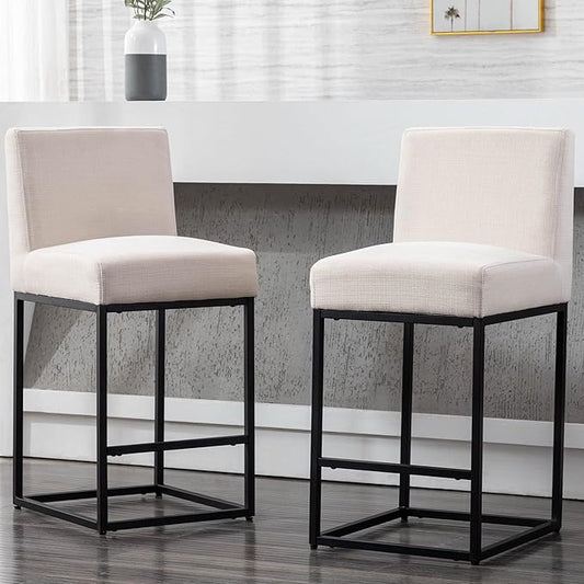 VESCASA Linen 27 inches Counter Height Bar Stools with Padded Back, Modern Upholstered Counter Stool Chairs with Black Metal Frame for Kitchen Island, Set of 2, Cream