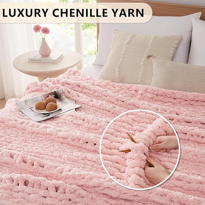 L'AGRATY Chunky Knit Blanket Throw: 80''x90'' Chenille Chunky Knitted Throw Blanket for Bed Couch - Handmade Thick Big Cable Knit Blanket - Large Chunky Crochet Rope Blanket for Home Decor(Pink)