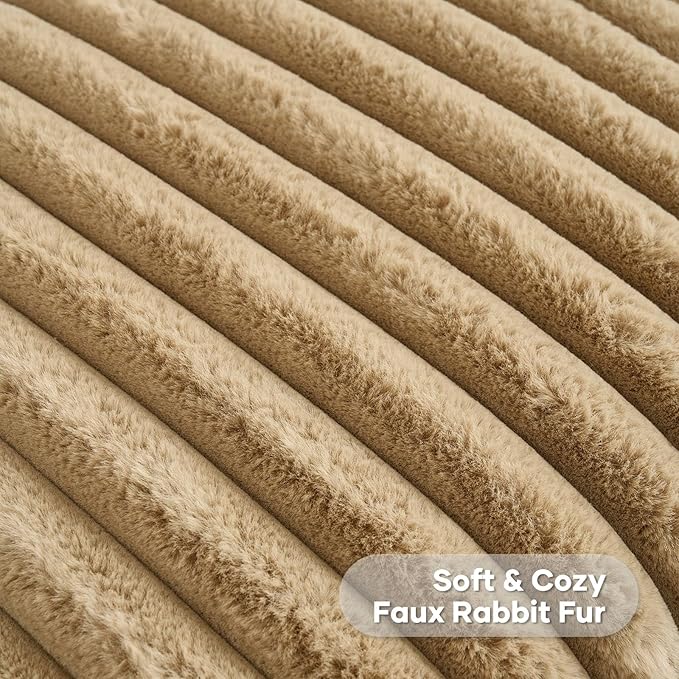 FUTEI Camel Striped Decorative Throw Pillow Covers 12x20 Inch Set of 2,Rectangle Fall Decorations Couch Lumbar Pillowcase,Soft Cozy Faux Rabbit Fur & Velvet Back,Modern Home Decor for Bed