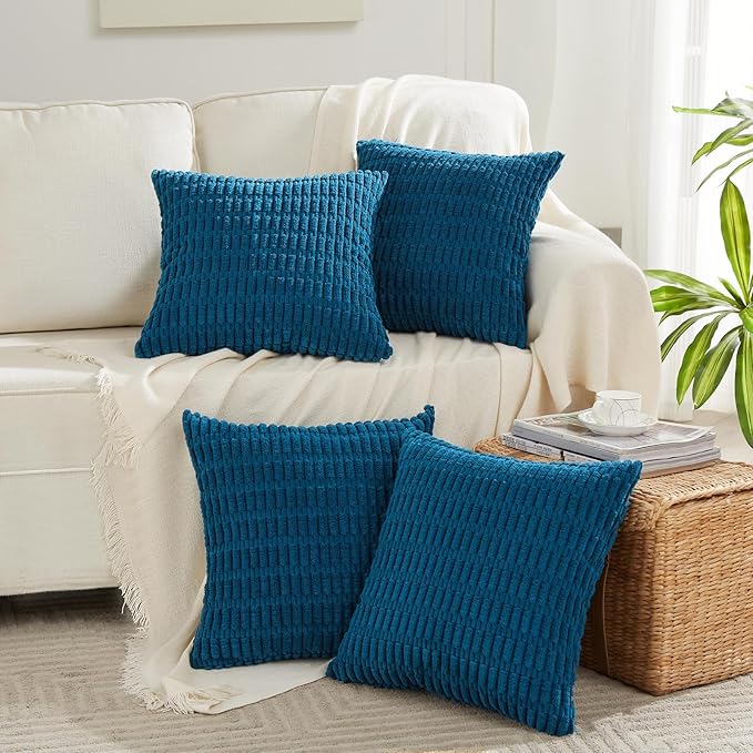 Fancy Homi 2 Packs Teal Decorative Throw Pillow Covers 18x18 Inch for Living Room Couch Bed Sofa, Rustic Farmhouse Boho Home Decor, Soft Striped Corduroy Square Cushion Case 45x45 cm