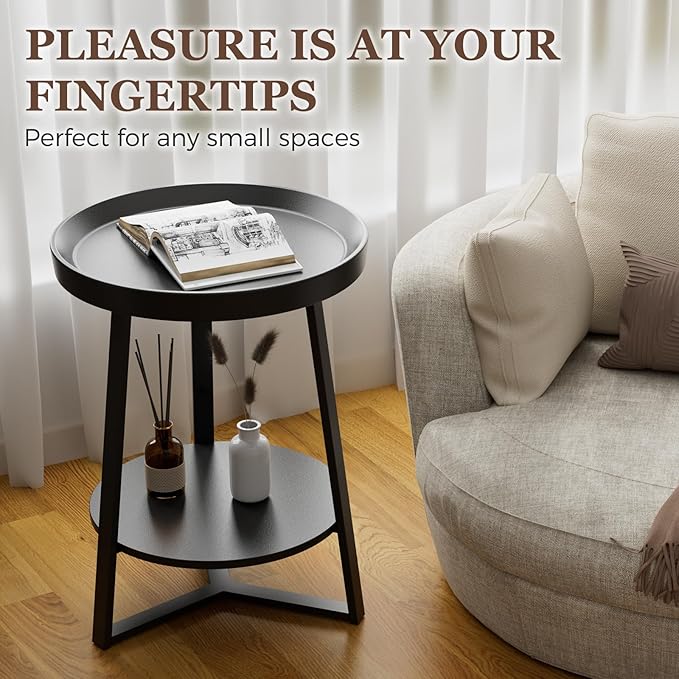 Gadroad Round End Table with Storage Shelf, 2 Tier Farmhouse Side Table Nightstand for Living Room, Bedroom, Wood Tabletop & Black Metal Frame, Black 15.7 * 15.7 * 23.0inches