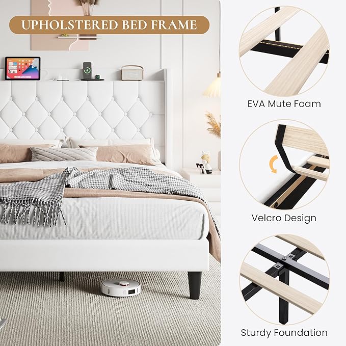 SHA CERLIN Queen Size Platform Bed Frame with Charging Station, Velvet Wingback Headboard with Storage Shelf, Wooden Slats Support, Ample Under-Bed Space, No Box Spring Needed, Easy Assembly, White