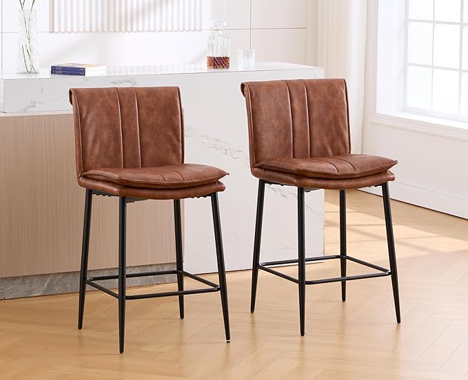 EALSON Leather Counter Height Bar Stools Set of 4 Modern 26 Inch Barstools with Back Upholstered Breakfast Counter Stools with Metal Legs Comfortable Bar Chairs for Kitchen Island, Brown