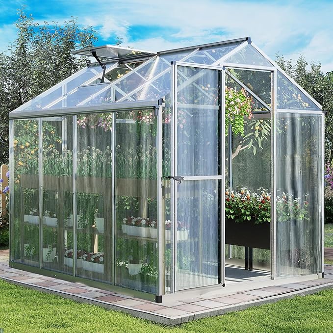 Aoodor 6 x 8 Ft Walk-in Greenhouse with Gutter, Polycarbonate and Heavy-Duty Aluminum Frame, Adjustment Skylight and Lockable 2-Sided Door for Patio, Outdoor, Yard, Lawn Use, Silver