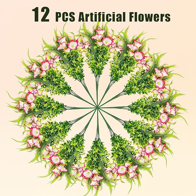 Artificial Flowers Outdoors 12 Bundles Pink Artificial Petunias Fake Flowers UV Resistant Shrubs Plants with Fern for Indoor Outside Hanging Planters Home Garden Summer Decorations