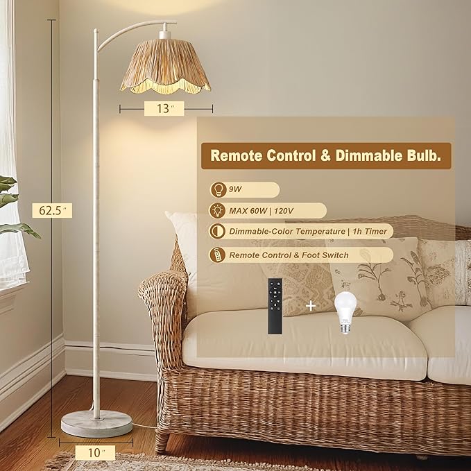 Oneach Rattan Floor Lamp for Living Room with 3 Color Temperatures, Boho Floor Lamp for Bedroom with Remote & Dimmable Bulb, Farmhouse Standing Lamp for Reading, Antique White