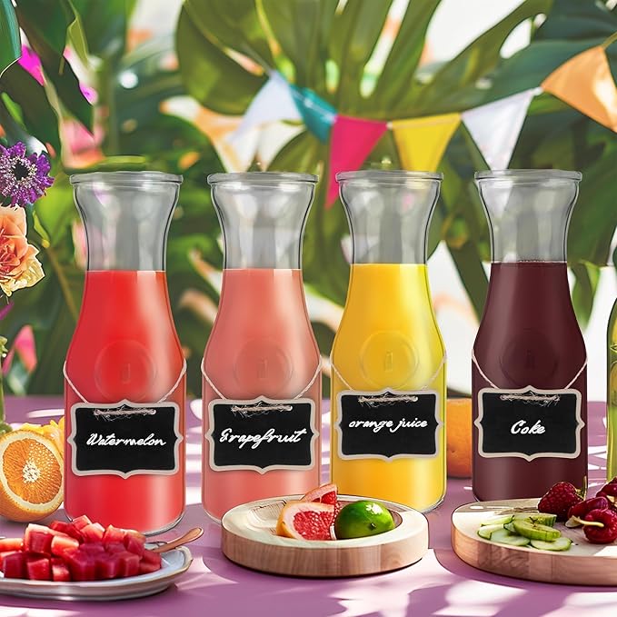 Glass Carafe with Bamboo Lid,35 Oz Beverage Dispensers Carafe,Mimosa Bar Supplies,Clear Glass Pitcher with Name Labels for Iced Tea,Coffee,Juice(Set of 4)