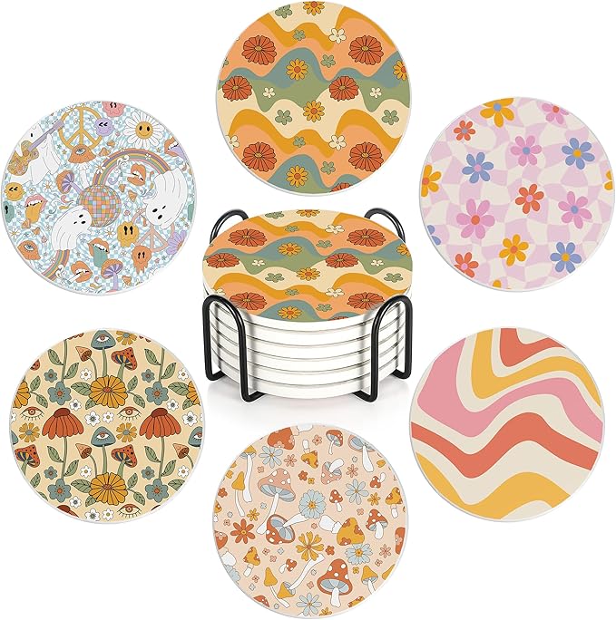 Table Coaster for Drinks Set of 6, Retro 70s Colorful Groovy Round Ceramic Coasters,with Cork Base and Metal Holder,Great Housewarming Birthday Gifts,Home Decor