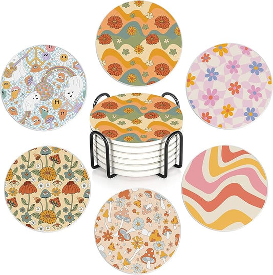 Table Coaster for Drinks Set of 6, Retro 70s Colorful Groovy Round Ceramic Coasters,with Cork Base and Metal Holder,Great Housewarming Birthday Gifts,Home Decor