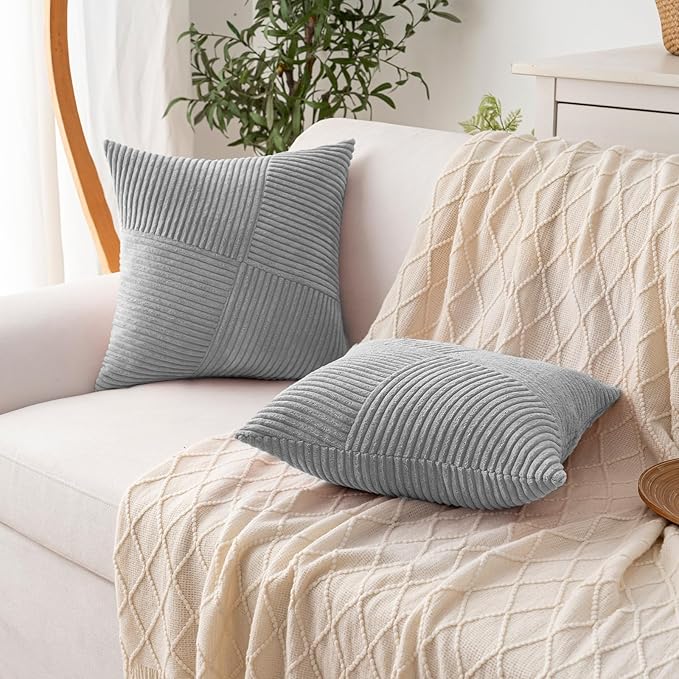 Decorative Throw Pillow Covers 20x20 Inch Set of 2 for Boho Living Room Farmhouse Home Decor, Spring Pillow Covers for Couch Bed, Soft Corduroy Striped Patchwork Cushion Cases, Light Gray