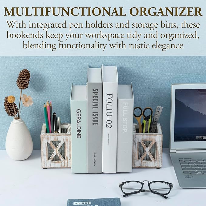 MyGift Decorative Bookends with Pencil Cup, Shabby Weathered White Washed Wood Bookends, Desktop Book Ends with Pen Holder Stationery Storage Bins for Home Office, Classroom, Dorm Room
