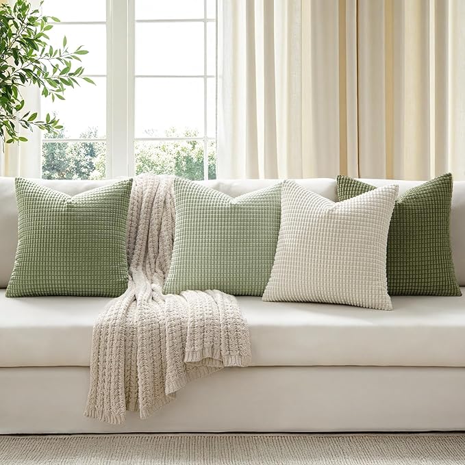 MIULEE Modern Farmhouse Decorative Lumbar Pillow Covers 20x20 Inch Set of 4 Natural Rustic Throw Pillows Neutral Warm Soft Corduroy Couch Pillowcases Home Decor for Sofa Living Room Bed Light Green