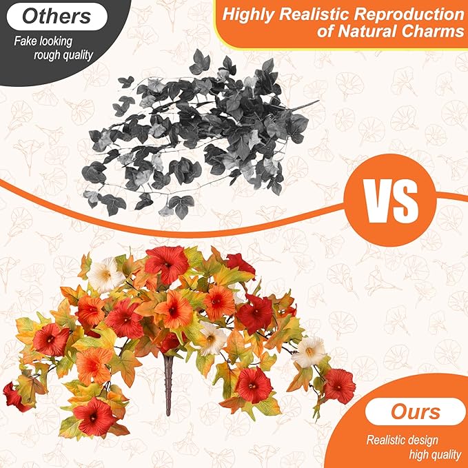 Artificial Fake Fall Flowers with Hanging Basket Plants for Outdoor Autumn Decoration,Silk Faux Flower UV Resistant Petunias for Home Porch Patio Garden Balcony Yard Decor Real Looking(Orange White)