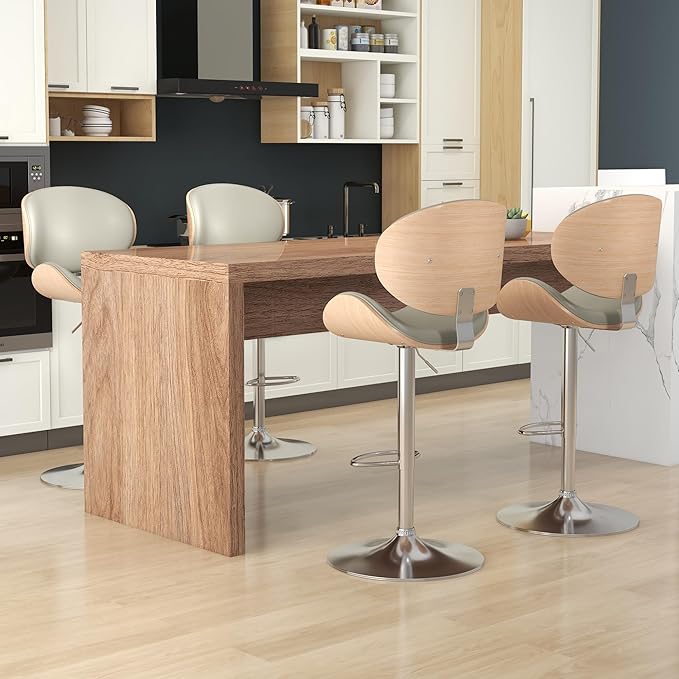 KCC Bar Stools Set of 2, Swivel Adjustable Height Barstools, PU Leather Upholstered Bar Chairs with Footrest, Bentwood Bar Stool for Kitchen, Bar, Dining Room(Grey PU)