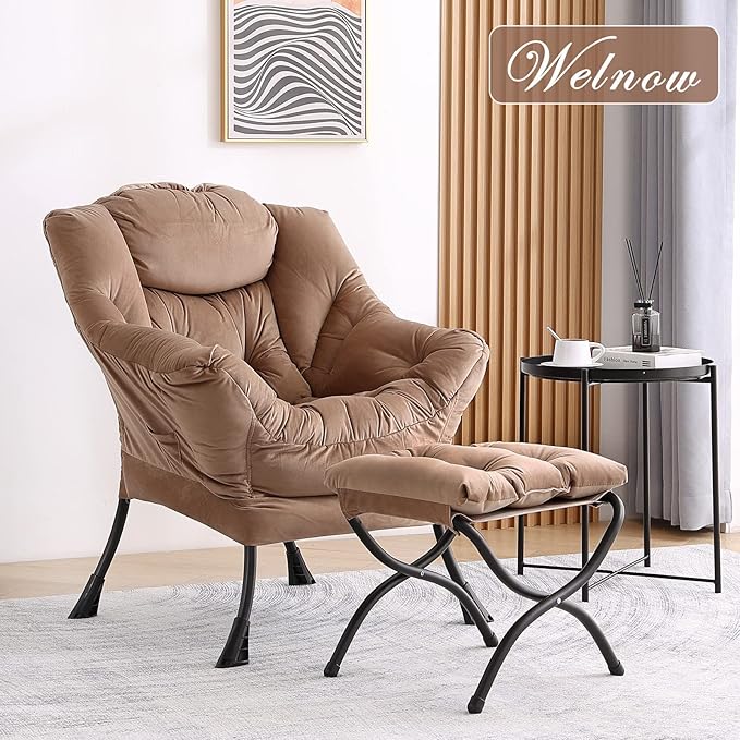 Welnow Lazy Chair with Ottoman, Modern Lounge Accent Chair with Armrests and a Side Pocket, Leisure Sofa Chair Set, Reading Chair with Footrest for Small Space, Corner Chair, Dark Brown