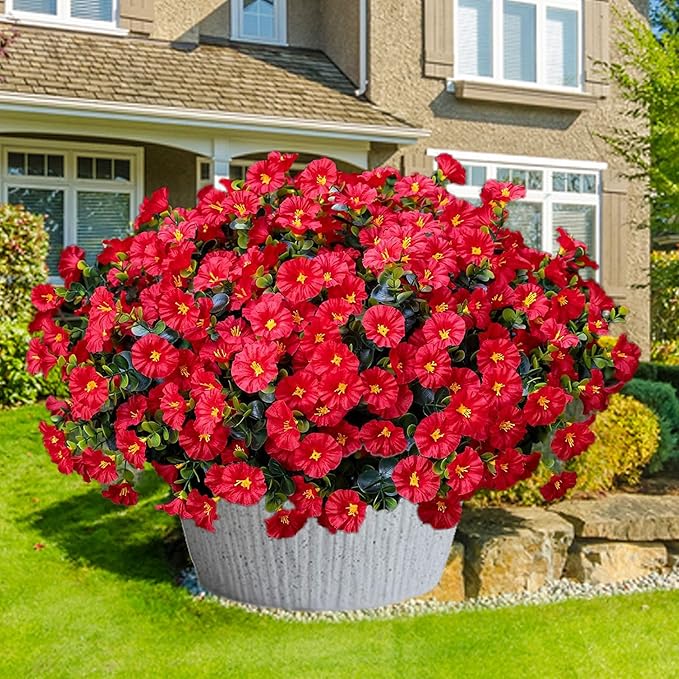 Artificial Outdoor Flowers 16 Bundles Fake Morning Glory Flower Outdoor UV Resistant Plastic Faux Flowers Plants for Decoration Indoor Outdoor Hanging Window Box Planter Home Porch Decor (Red)
