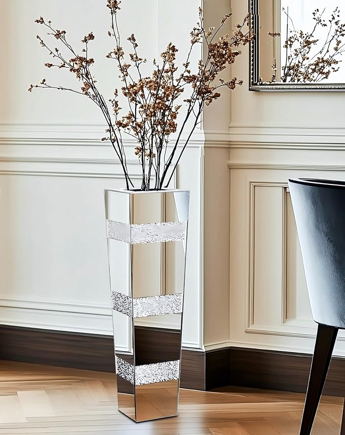 Crushed Diamond Mirror Vase: 28.15 inches High Silver Crystal Geometric Bling Decor for Luxury Home Centerpieces Livingroom Wedding Decor, Won't Hold Water
