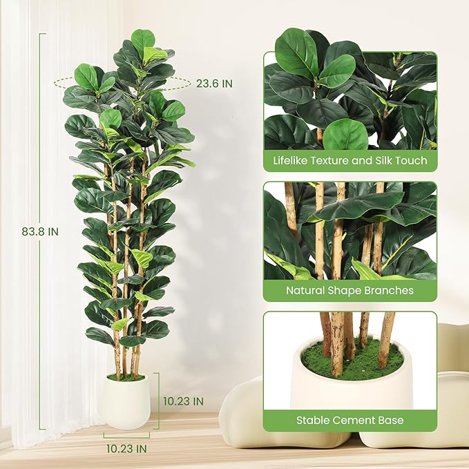 GarveeHome 7FT Faux Fiddle Leaf Fig Tree with White Pot, Faux Trees with Artificial Plants 107 Fiddle Leaves Greenery - Lifelike Fake Tree for Home Office Store Room Decor Indoor Outdoor