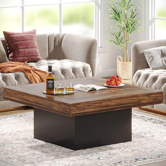 Tribesigns Coffee Table Square LED Coffee Table Engineered Wood Low Center Cocktail Tables for Living Room (Rustic Brown+Black)