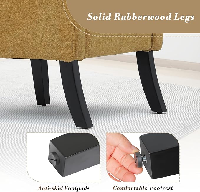 Athena Collection Mid Century Modern Chair for Living Room, Upholstered Wingback Reading Chair for Adults, Comfy Linen Fabric Armchair with Wooden Legs for Bedroom, Dorm, Balcony, Yellow