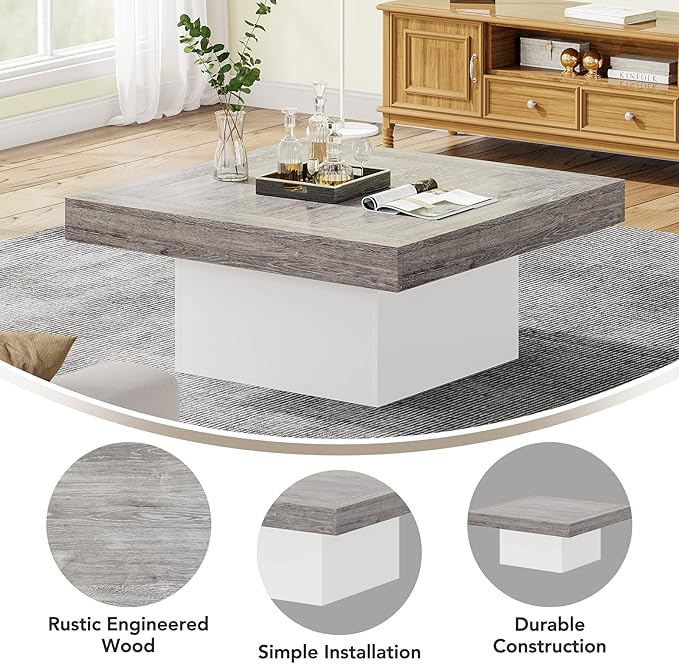 Tribesigns Coffee Table Square LED Center Table Engineered Wood Low Coffee Tables for Living Room (Grey+White)