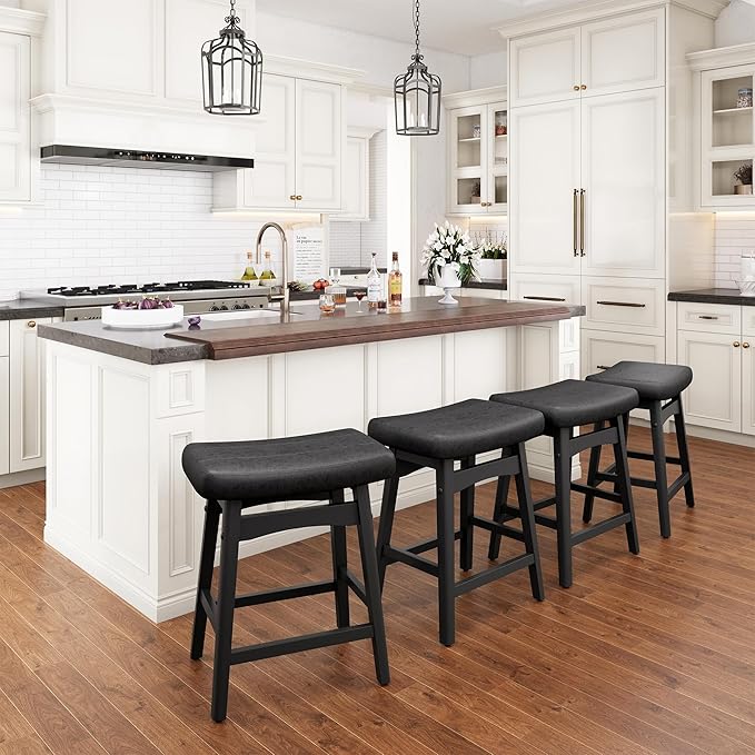 PHI VILLA Counter Height Bar Stools Set of 3 - Farmhouse Barstools with Upholstered Saddle Seat and Solid Wood Legs, Kitchen Counter Island Stools
