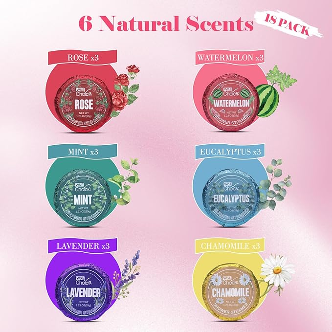 W&E Choice Shower Steamers Aromatherapy 18 Pcs- Shower Bombs with Natural Essential Oils for Daily Relaxation & Stress Relief, Gift for Women & Men, Mom, Teen