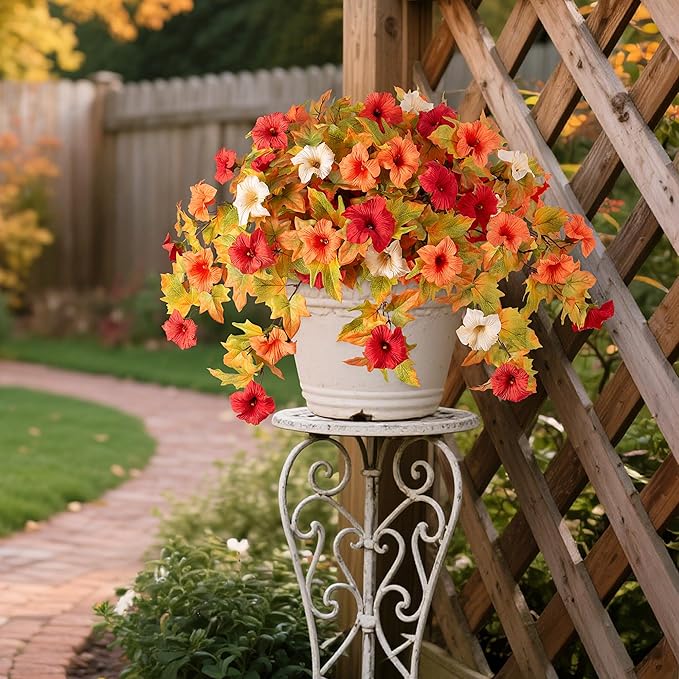 Fall Flowers Artificial for Decoration Fake Petunias Plants for Outdoor, 2PCS Autumn Silk Faux Flower UV Resistant No Fade Floral for Garden Balcony Yard Porch Realistic Indoor Decor (Orange White)