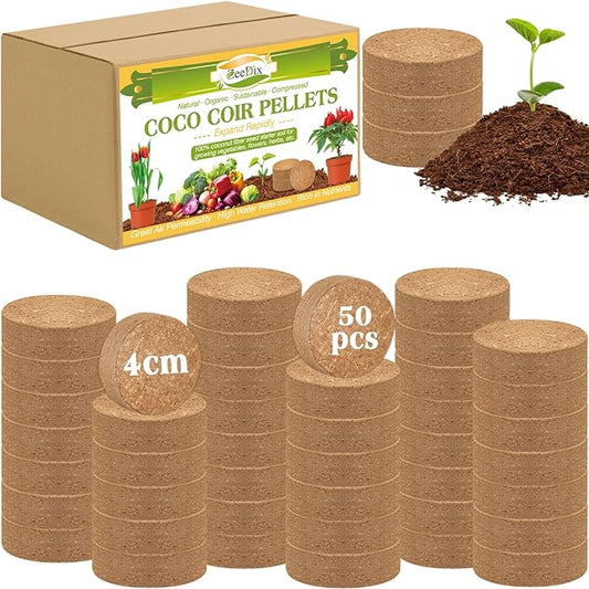 ZeeDix 50Pcs 40mm Compressed Coco Coir Fiber Potting Soil Seed Starters - Organic Coco Coir Pellet Fiber Soil for Planting Bonsai, Herbs, Flowers and Vegetables