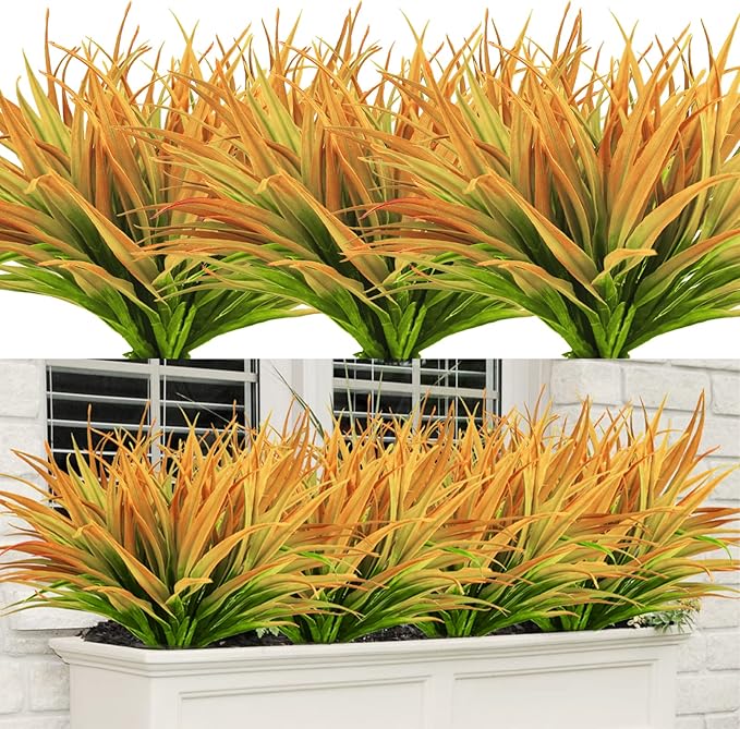 24Pcs Artificial Grass Plant Fake Outdoor Plastic Plants UV Resistant Faux Grasses Greenery Shrubs for Window Box Garden Patio Porch Home Decor Yellow