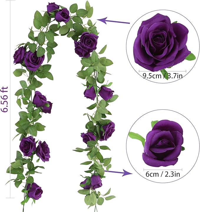 Felice Arts 2 Pack Dark Purple Artificial Floral Garland Each 6.5FT Fake Rose Vine Hanging Rose Garland for Wedding Flowers Table Centerpiece Arrangement Room Baby Shower Teepee Mirror Decor