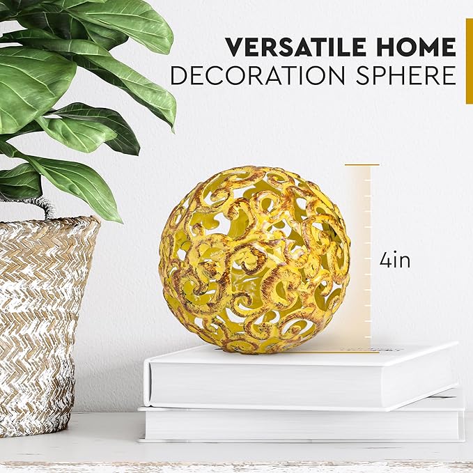 Everydecor Metal Decorative Sphere for Home Decor - Decorative Balls for Shelves, Centerpiece Bowls, Bookshelf - Decoration Orbs Accents for Living Room, Bedroom - Fancy Yellow Shelf Spheres