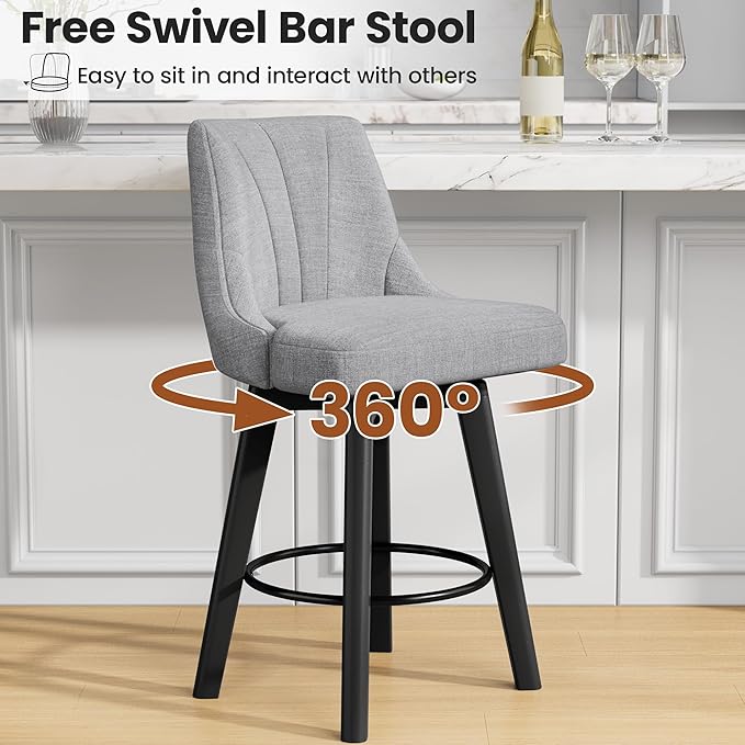 Counter Height Swivel Bar Stool, 24" Upholstered Fabric Barstools Set of 3, Counter Stool Chair with Back & Solid Wood Legs for Kitchen Island Dining Room (Light Gray)