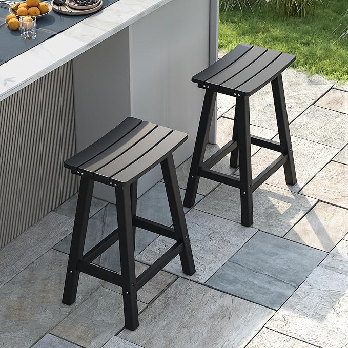 nalone 24 Inch Outdoor Bar Stool, HDPE Bar Chairs with Footrest, Weather Resistant Waterproof Bar Stools Outside Bar Height Stools for Bar, Kitchen Counter, Yard, Balcony(Black, 24'' Barstools)