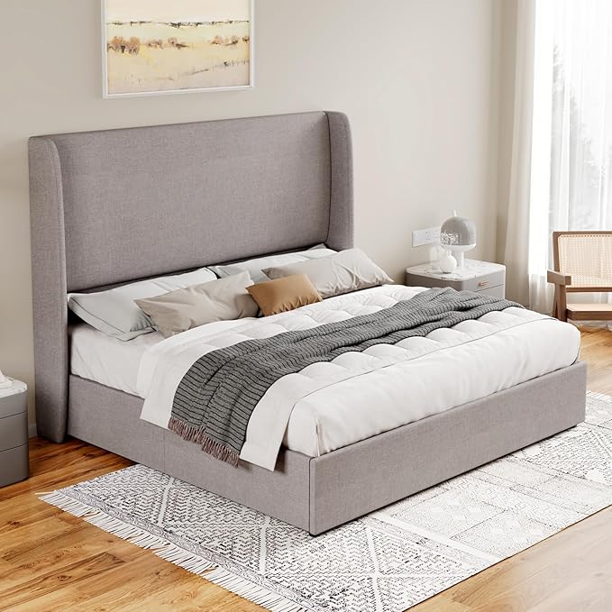 Jocisland Queen Size Lift Up Storage Bed Frame Linen Upholstered Platform Bed/Hydraulic Storage/Modern Wingback Headboard/No Box Spring Needed/Wood Slats Support/Light Grey