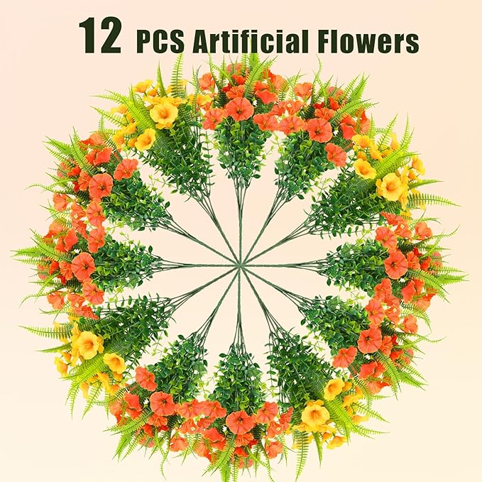 Artificial Fall Flowers for Outdoors 12 Bundles Fake Mums Petunias Flowers UV Resistant Shrubs Plants with Fern for Indoor Outside Hanging Planters Home Garden Autumn Decoration(Orange Yellow)