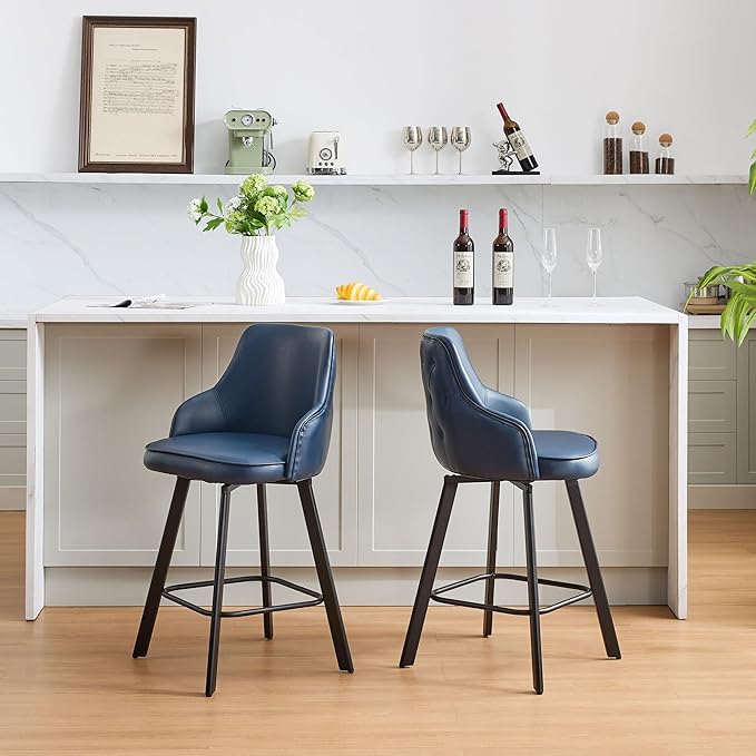 Bar Stools Set of 2, 26" Swivel Counter Height Bar stools with High Back, Faux Leather Kitchen Barstools Counter Height for Kitchen Island (Navy Blue, 2PCS 26" Counter Stools)