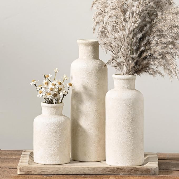 Ceramic Vases Set of 3, Whitewashed Neutral Flower Vases Home Decor, Pottery Rustic Farmhouse Decorative Vases Modern Decor for Table Mantel Entryway Bookshelf Living Room Kitchen Bedroom