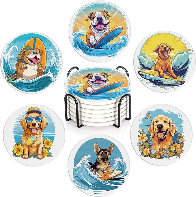 Coaster for Drinks Set of 6, Cute Dog Surfing Absorbing Round Ceramic Stone Coaster with Cork Base,Tabletop Protection Mat for Mugs and Cups,Coffee Table Wine Glass Home Bar 4 Inch