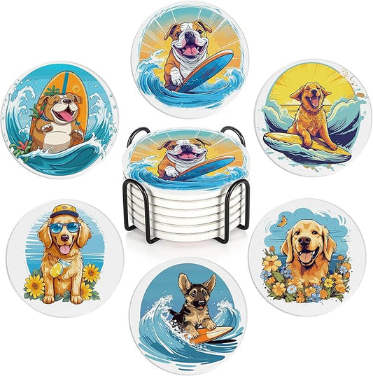 Coaster for Drinks Set of 6, Cute Dog Surfing Absorbing Round Ceramic Stone Coaster with Cork Base,Tabletop Protection Mat for Mugs and Cups,Coffee Table Wine Glass Home Bar 4 Inch