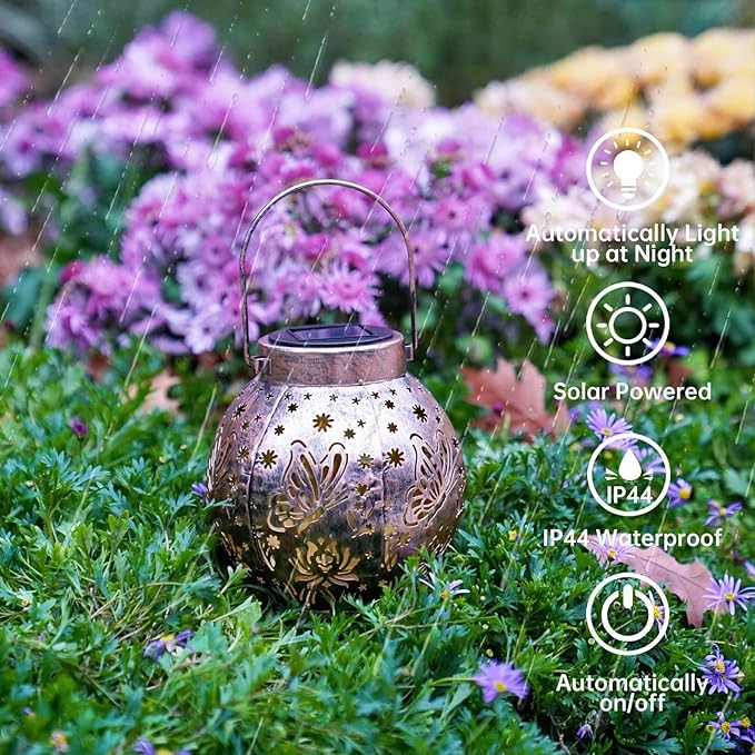 Outdoor Solar Hanging Lantern Lights Metal LED Decorative Lamp for Garden Patio Courtyard Lawn and Table with Hollowed-Out Design (Bronze Butterfly)