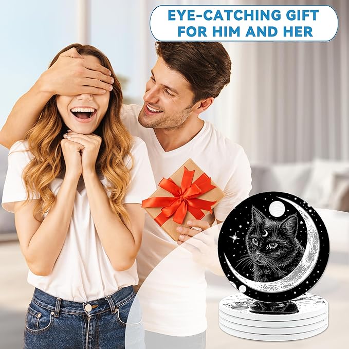 Black Cat Drinks Coasters Set of 4,Ceramic Absorbent Stone Cup Mat with Cork Base,Table Home Decor, Ideal Gifts for Women Men