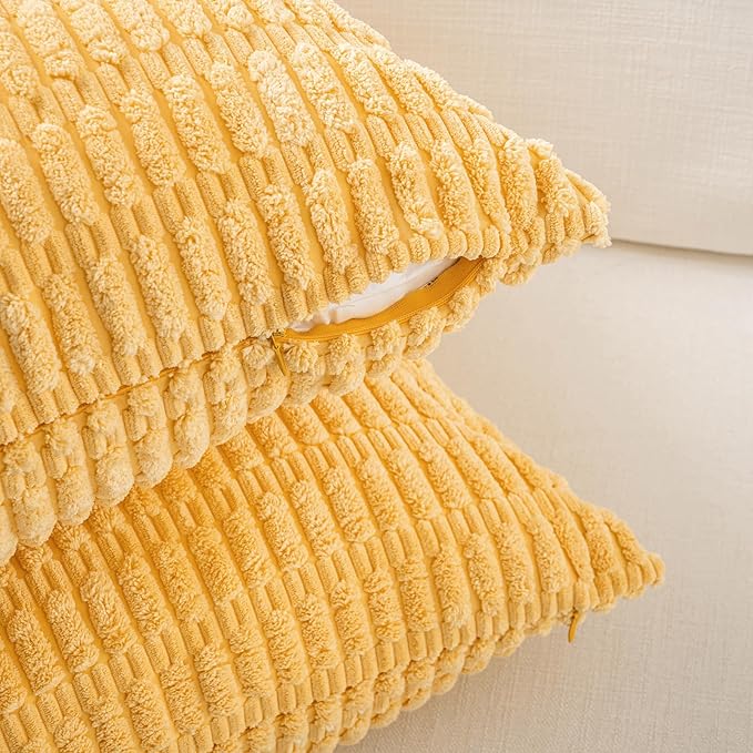 Fancy Homi Set of 4 Spring Boho Decorative Throw Pillow Covers 22x22 Inch for Couch Bed Sofa, Sage Green Yellow Room Decor, Soft Fuzzy Fluffy Cozy Corduroy Textured Cushion Case 55x55cm