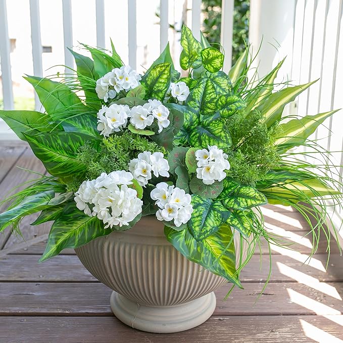 10 Bundles Artificial Greenery Plants & Flowers for Outdoor UV Resistant Fake Plants Plastic Leaves with Stems for Outside Garden Porch Decor (Mixed-White)