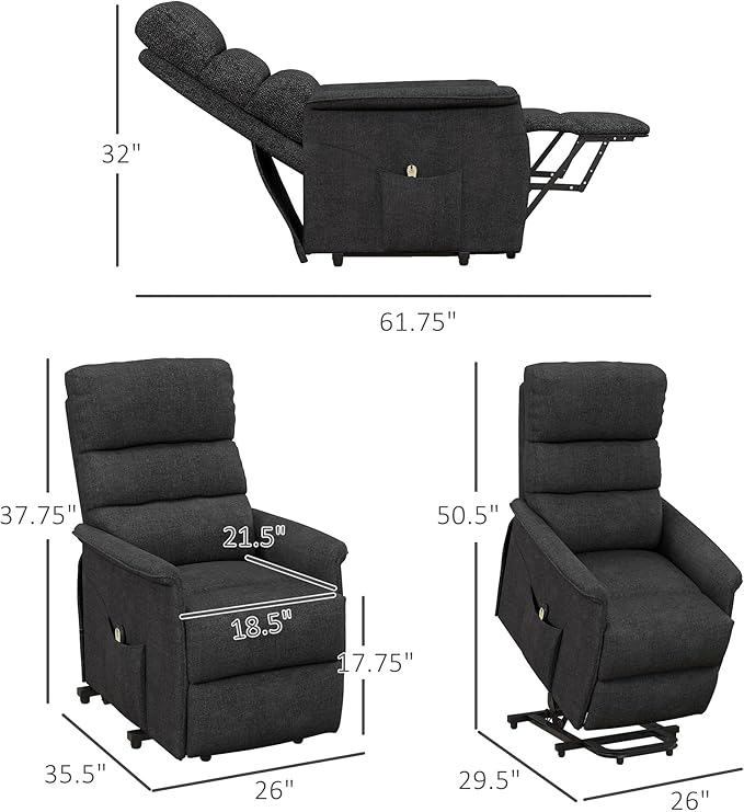 HOMCOM Power Lift Recliner Chair for Elderly, Easy Assembly, Fabric Lift Chair for Adults, Recliner Sofa with Remote Control, Side Pockets for Living Room, Black