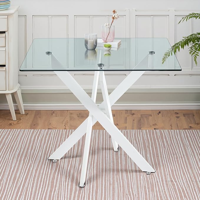 Dining Table for 4 Modern 35.43" Rectangular Glass Dining Table Kitchen & Dining Room Tables with Metal Base for Dining Room and Apartment, Matte White